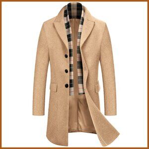 Men's Wool Blend Pea Coat with Detachable Plaid Scarf